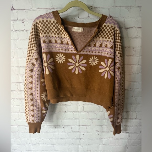 Altar’d State Boho Doll Hippie Brown Purple Cream Floral Cropped Sweater Hippie - Picture 2 of 5